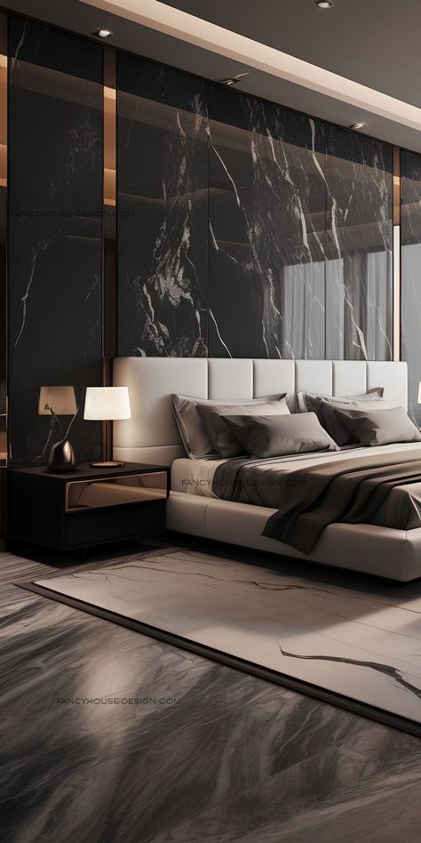 In this modern bedroom, the interior design focuses on neutral tones and textures. A striking marble headboard adds luxury to this master bedroom. Marble Headboard, Luxe Bedroom Design, Luxurious Bedrooms Master, Modern Luxury Bedroom Furniture, Marble Bedroom, Bedroom Ideas Luxury, Luxe Bed, Luxe Bedroom, Modern Luxury Bedroom