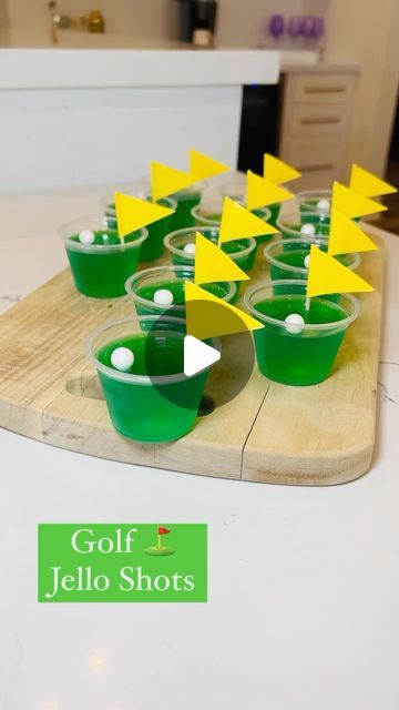 Jessica Neff | Holiday Recipes | Cocktail Recipes on Instagram: "Golf Jello Shots ⛳️ SO fun for The Masters ⛳️   Comment “Golf” and I will send you direct message to shop this post. ⛳️💚😘  1 box of Lime @jello  1 box of Green Apple @sonicdrivein Jello 1/2 cup tequila @patron  1/2 cup @wheatleyvodka  1 cup of boiling water  Jello shot cups @heb  Flags @amazon  Sixlets @sixletsofficial   Make sure to put the Jello Shots in the refrigerator for  2 hours before adding the flags and sixlets on top. 💚  SO easy to make 🙌🏻  Add COLD water instead of alcohol to make these  kid friendly. ⛳️🙌🏻💚  Enjoy ⛳️💚  #jello #jelloshots #jelloshot #golf #golflife #golfclub #golfstagram #golfparty #golfislife #golfbabes #partyideas #partyinspiration #boybirthday #greenapple #lime #tequilacocktails #vodkad Golf Jello Shots Recipe, Golf Shots Alcohol, Golf Themed Jello Shots, Golf Inspired Cocktails, Green Jello Shots Recipe, Golf Jello Shots, Golf Party Ideas For Men, Golf Themed Cocktails, Jello Shots Green