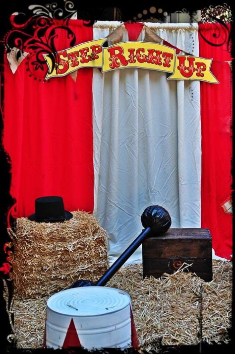 Photo Booth with Props  Set the stage for your circus photos with props like these! Circus Entrance, Picnic Themes, Circus Party Games, Vintage Circus Birthday Party, Carnival Party Games, Circus Birthday Party Ideas, Entrance Idea, Vintage Circus Theme, Haunted Carnival