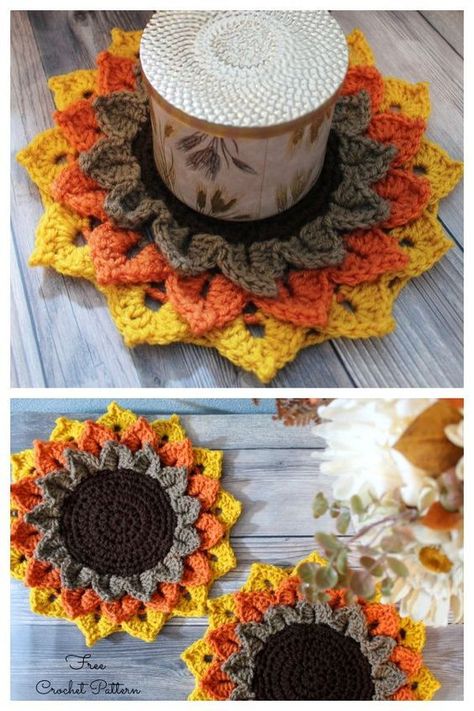 Sunflower Candle Coaster Free Crochet Patterns Crochet Fall Coasters, Crochet Candle Holder Pattern, Crochet Halloween Patterns Free, Crochet Hobby, Crochet Fall Decor, Crochet Candle, Sunflower Candle, Autumn Crochet, Scrap Yarn Crochet