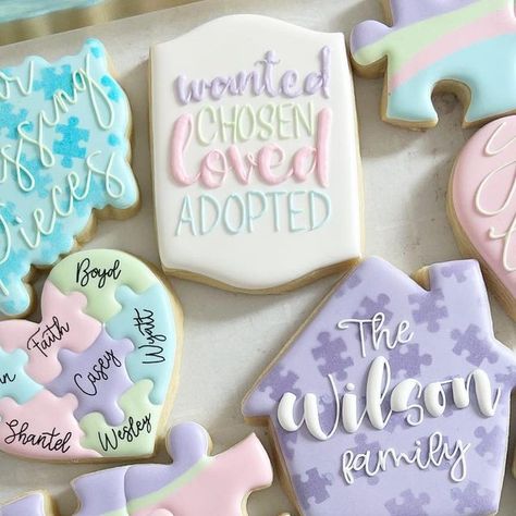 Gotcha Cake Ideas, Adoption Day Cookies Decorated, Adoption Party Cookies, Puzzle Piece Adoption Party Ideas, Adoption Court Day Ideas, Missing Piece Adoption Party, Adoption Photo Shoot Family Pics, Adoption Shower Theme, Adoption Party Decorations