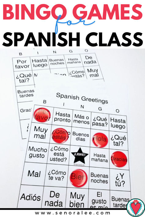 Spanish greetings vocabulary on a printable bingo card - game for Spanish class Games For Spanish Classroom, Spanish Games For Elementary, Spanish Vocabulary Games, Spanish Games For Kids, Spanish Printables, Printable Bingo Cards, Spanish Classroom Activities, Spanish Games, Spanish Greetings