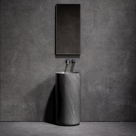 Free Standing Basin Powder Rooms, Grey Powder Room, Pietra Grey Marble, Grey Marble Bathroom, Freestanding Basin, Marble Pieces, Marble Basin, Matte Black Bathroom, Earthy Hues