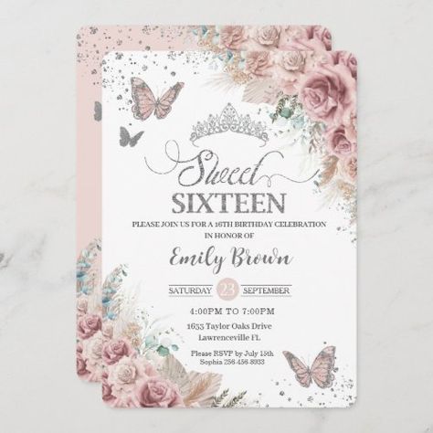 Sweet 16 Invitation Ideas, Pampas Grass Invitation, Butterfly Sweet 16, Sweet Sixteen Party Themes, Pink Sweet 16, 16th Birthday Decorations, Quince Decorations, 16th Birthday Invitations, Sweet Sixteen Invitations