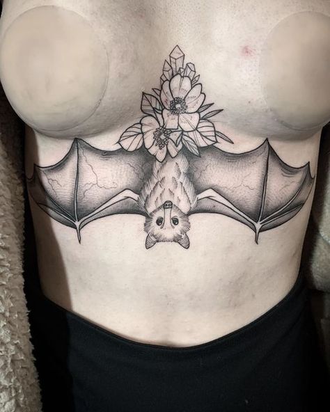 Unique Sternum Tattoo, Bat Tattoo Design, Sternum Piece, Mandala Sternum Tattoo, Sternum Tattoos, Sternum Tattoo Design, Bats Tattoo Design, Crystal Tattoo, Birthday Tattoo