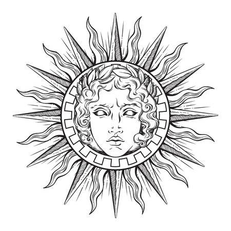 Decorative Symbols, Apollo Tattoo, Sun With Face, Sun Symbols, Face Of God, Tattoo Sonne, Greek God Tattoo, Tato Flash, Roman Tattoo