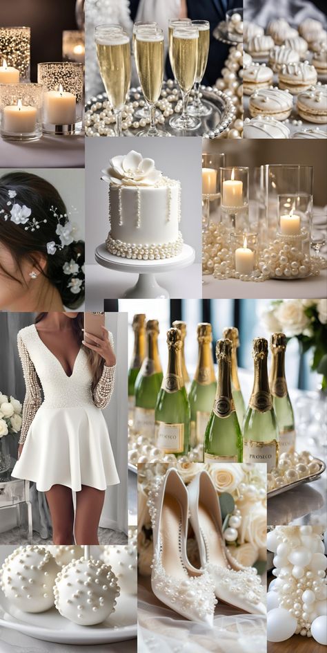 Pearls and Prosecco engagement party or bridal shower theme 💍 Bridal Shower Ideas Themed, Theme Bridal Shower Ideas, Pearls Wedding Theme, Pearl Bridal Shower, Engagement Party Themes, Bridal Shower Champagne, Bridal Shower Inspo, Bridal Shower Planning, White Bridal Shower