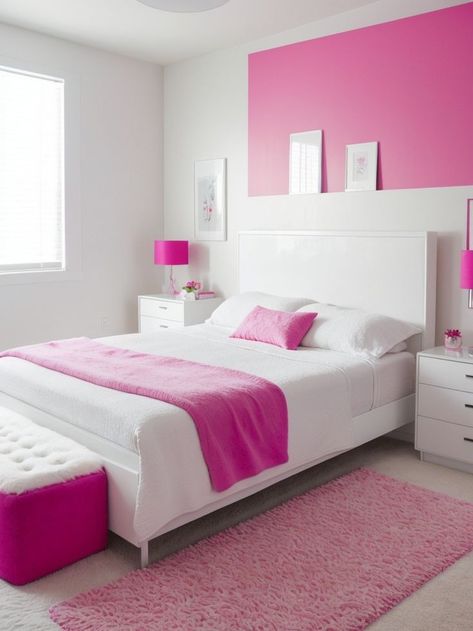 Create a vibrant and modern white and hot pink bedroom aesthetic by incorporating a sleek white platform bed with a hot pink accent wall. Complete the look with a white faux fur rug and a hot pink desk chair for a stylish and playful combination. White And Hot Pink Bedroom, Hot Pink Accent Wall, Hot Pink Bedroom Aesthetic, Hot Pink Desk, Hot Pink Bedroom, Pink Accent Wall, Pink And White Bedroom, Pink Bedroom Aesthetic, Hot Pink Bedrooms