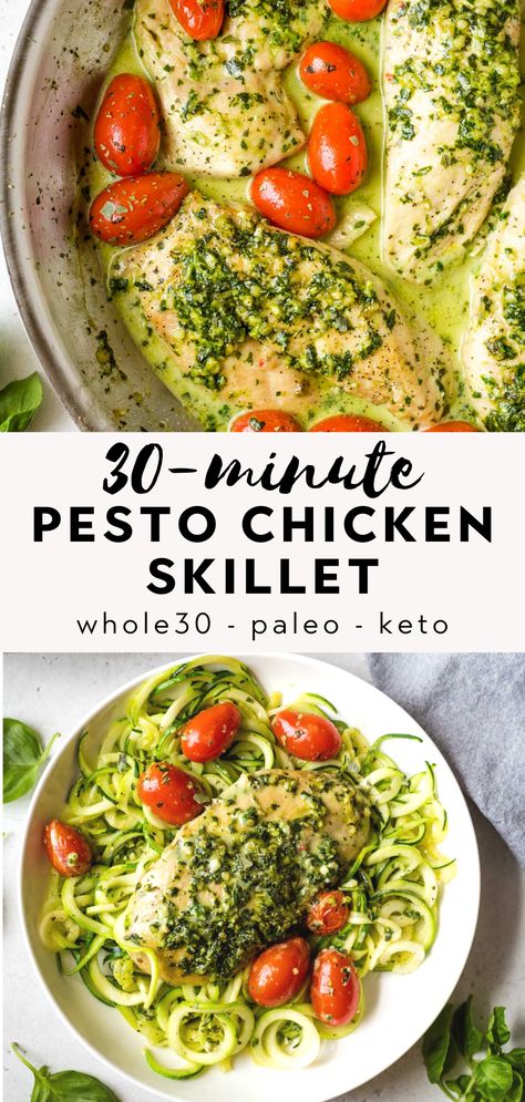 This creamy pesto chicken skillet is made with tender seared chicken breast, and smothered in a dairy-free homemade pesto sauce. It's an easy, low carb, 30 minute weeknight dinner for all pesto lovers! Paleo, Whole30, & Keto too! Pesto Chicken Skillet, Creamy Pesto Chicken, Dairy Free Pesto, Homemade Pesto Sauce, Seared Chicken Breast, Seared Chicken, Egg Diet Plan, Whole30 Keto, Low Carb Low Fat Recipes