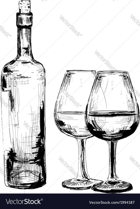 Wine Bottle Drawing, Wine Glass Drawing, Skitse Bog, Bottle Drawing, Pen Art Drawings, Siluete Umane, Object Drawing, 흑백 그림, Wine Art