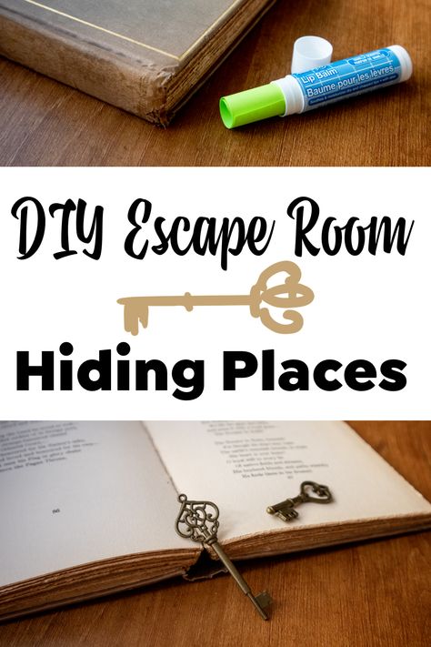 If you’re creating your own escape room, you’ll probably be hiding clues around the room. The trickier your clues are hidden, the harder the room will be. Here are some DIY escape room ideas to get you thinking about hiding places for your own escape room! #familygamenight Lock In Ideas Activities, Spy Escape Room, Escape Room Diy Adults, Escape Room Clues Ideas, Escape Room Props, Homemade Escape Room Ideas, Diy Escape Room For Adults, Escape Room Ideas For Adults, Escape Room Riddles