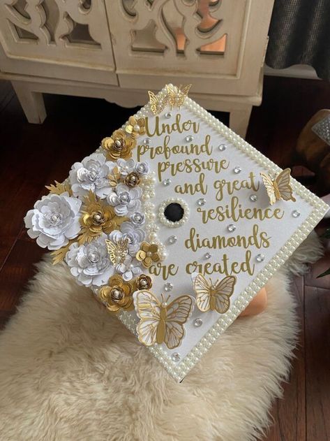 Grad Crown Ideas, Inspo For Graduation Caps, Prelaw Graduation Cap, Inspiring Graduation Caps, Cap And Gown Designs Graduation, Thank You Graduation Cap, White Grad Cap Decoration, Cap Decoration Graduation Sunflower, Decorating Your Graduation Cap