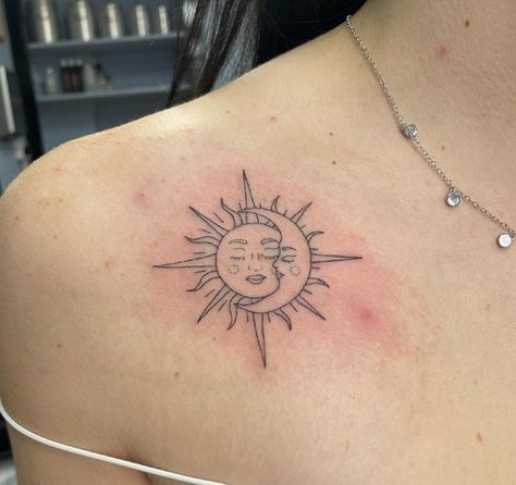 Two Shoulder Tattoos, Tiny Front Shoulder Tattoo, Collar Bone Tattoo Sun And Moon, Sun And Moon Neck Tattoo, Sun And Moon Collarbone Tattoo, Sun And Moon Tattoo Placement Ideas, Sun Collarbone Tattoo, Sun And Moon Chest Tattoo Female, Sun Collar Bone Tattoo