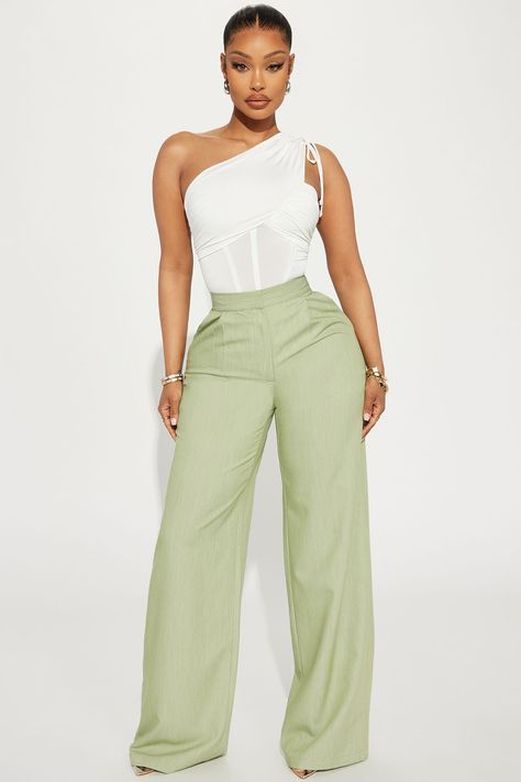 Available In Grey And Sage. Trouser Pant High Rise Hook & Zipper Closure Side Pocket Wide Leg Non Stretch 74% Polyester 21% Rayon 5% Spandex Imported | Stevie Wide Leg Trouser in Sage size Small by Fashion Nova California Womens Fashion, One Shoulder Bodysuit, Fashion Nova Outfits, Fashion Closet, Everyday Fashion Outfits, Stylish Work Outfits, Brunch Outfit, Modest Outfits