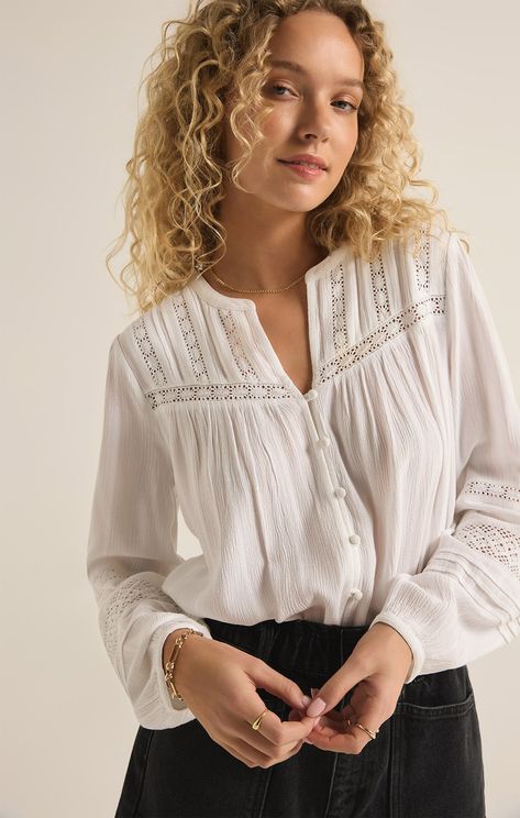 Add a touch of whimsy to your outfit with this fun peasant-style button front top. Delicate details like lace insets and pintucking at the center front and sleeves set this top apart from the rest. Top Latest Design, White Blouse Outfit, Western Trend, Classy Clothes, Dobby Fabric, Ladies Style, Ladies Blouse, Back Details, White Lace Top