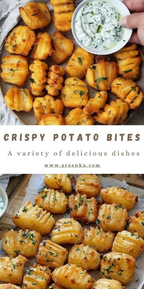 Crispy Potato Bites with Herb Yogurt Sauce Ingredients: Potato Bites 3 potatoes 1 teaspoon paprika Black pepper to taste 100 grams cornstarch (3.5 oz) Fresh parsley, chopped Olive oil for frying Salt to taste Herb Yogurt Sauce: 3 tablespoons Greek yogurt A bunch of fresh dill, chopped 1 tablespoon soy sauce 1 tablespoon mayonnaise #Crispy #PotatoBites Potatoes Ideas Side Dishes, Small Dishes Food, Recipes To Use Up Potatoes, Soy Sauce Veggies, Plain Food Recipes, Protein Potato Recipes, Finger Food Potatoes, Nibble Potatoes Recipe, Homemade Potato Recipes