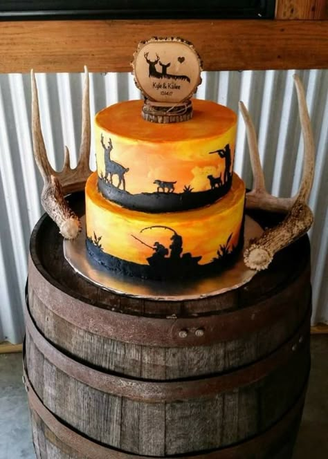 Sunset sunrise fishing and hunting silhoutte groom's cake birthday cake wedding cake Hunting Grooms Cake, Grooms Cake Hunting, Deer Hunting Cake, Hunting Birthday Cakes, Pedro Pony, Groomsman Cake, Western Wedding Cakes, Fish Cake Birthday, Hunting Cake