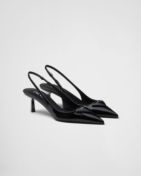 Black Patent Leather Slingback Pumps | PRADA Prada Heels Outfit, Black Designer Heels, Prada Slingback Pumps, Prada Kitten Heels, Prada Slingback, Shoes Room, Balenciaga Heels, La Outfit, Prada Pumps