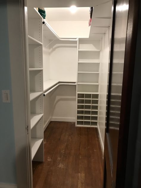 Shelves and hanging space for narrow closet Closet Organization Ideas Long Narrow, Closet Designs Long Narrow, Narrow Hanging Wardrobe, Tall Narrow Closet Organization, Small Long Closet Ideas, Long Narrow Walk In Closet Layout, Narrow Walking Closet, Shallow Walk In Closet, Narrow Deep Closet Ideas