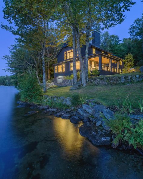 Sheldon Pennoyer Architects - Lakefront House, Lake Nubanusit, Hancock, NH Lake House New England, House On River Bank, Oregon Lake House, House With Lake In Backyard, House Overlooking Lake, Water View Homes, House Near Lake Woods, House On A Lake Aesthetic, House By A River