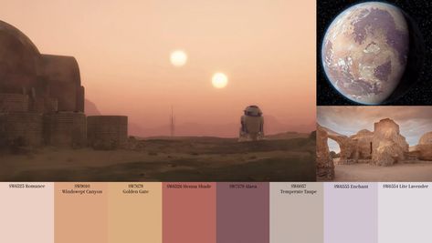 Happy Thursday and May the Fourth Be With You for Star Wars Day! Today we decided to do something fun with our Sherwin Williams Paint Collection. You can channel all the shades of Tatooine with these pretty paints from Sherwin Williams! Star Wars Colour Palette, Tatooine Inspired Bedroom, Tatooine Aesthetic Bedroom, Tatooine Bedroom, Star Wars Color Palette, Naboo Wedding, Star Wars Wall Painting, Tatooine Aesthetic, Paloma Bar