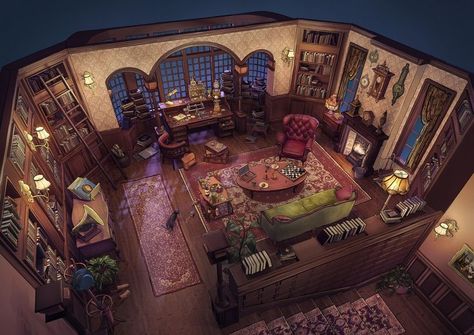 Living Room Concept Art, Scientist Bedroom, Fantasy Living Room, Fantasy Study, Interior Concept Art, Secret Lair, Fantasy Rooms, Building Concept, Fancy Art