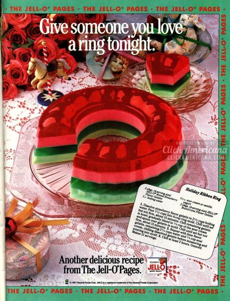 A Christmas-themed molded Jello ring in red and green colors Jello Mold Recipes Vintage, Tupperware Jello Mold Recipe, Ribbon Jello, Jello Recipes Christmas, Jello Mold Recipes, Jello Salads, Green Jello, Vintage Jello Molds, Jello Dessert Recipes