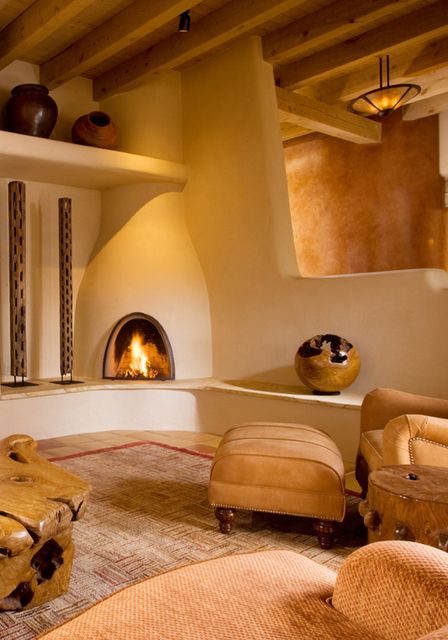 Kiva Fireplace and Plaster Walls Adobe Fireplace, Kiva Fireplace, Adobe Home, Earthship Home, Adobe House, Cob House, Southwest Design, Southwest Decor, Earth Homes