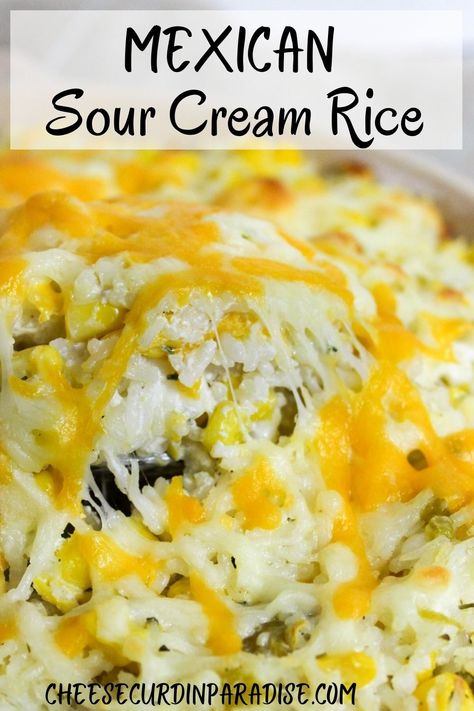 Mexican Sour Cream Rice lifted from pan with spoon. Instant Rice Recipes Side Dishes, Sour Cream Rice, Rice Casseroles, Rice Recipes Side, Starchy Sides, Recipe With Sour Cream, Mexican Sour Cream, Rice Dishes Recipes, Mexican Rice Recipe