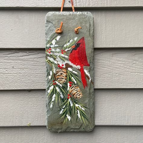 Slate Art Wall Hangings, Painted Porch Signs, Painted Christmas Signs, Winter Porch Signs, Christmas Paintings On Wood, Cardinal Paintings, Jennie Art, Painted Cardinal, Slate Painting