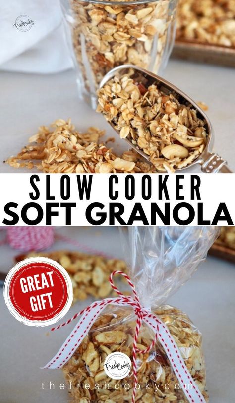 Soft And Chewy Granola, Soft Chewy Granola Recipe, Crockpot Granola Recipes, Soft Granola Recipe, Homemade Soft Granola, Chewy Granola Recipe, Soft Baked Granola, Homeade Granola, Crockpot Granola