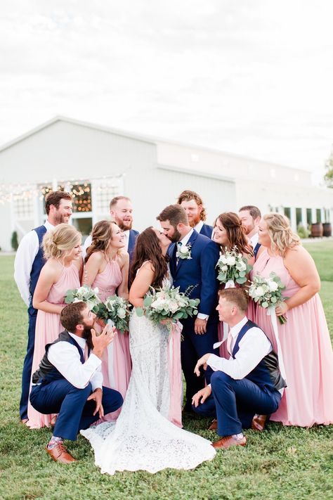 Blush And Navy Wedding Groomsmen, Blush Pink Entourage, Navy Blue And Peach Wedding Groomsmen Bridesmaid Dresses, Navy Blue Tux With Blush Pink, Navy And Blush Wedding Colors, Dusty Pink And Navy Blue Wedding Theme, Navy And Pink Wedding Party, Blush And Navy Bridal Party, Groomsmen Attire Navy Blue And Blush Pink