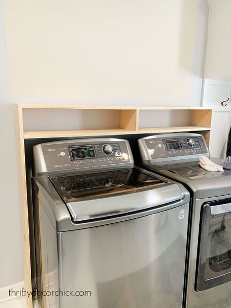 Easy DIY laundry shelf over washer and dryer | Thrifty Decor Chick Laundry Room With Window Over Washer And Dryer, Laundry Room Drying Rod Under Shelf, Shelf Washer And Dryer, Laundry Room Cart Between Washer And Dryer, Diy Shelves Over Washer And Dryer, Shelf Over Washing Machine And Dryer, Shelving Around Washer And Dryer, Laundry Room Washer Dryer Shelf, Laundry Room Wood Shelf Over Washer