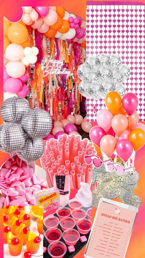 Pink and orange with a little disco 30th Birthday Party Women, Drunk In Love Bachelorette, Bachelorette Party Drinks, 30th Birthday Themes, Bachelorette Drink, Bachelorette Decor, Pink Bachelorette Party, Sunset Party, Disco Birthday Party