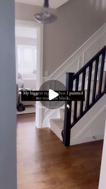 Becky Clarke on Instagram: "My biggest regret….   Is NOT starting this project sooner! Seriously, we love it! Having the bannister and rails all black has completely elevated the space.   For anyone thinking about painting their staircase black here’s my top tips!   1: Just do it. Trust your gut. It’s gonna look fab.   2: Before starting make sure you give everything a good clean. 🧼   3: If you’re doing this yourself a tanning mit makes all the difference. It’s so easy to use and creates a smooth finish especially on the bannister  4: Prepare for carnage. The first coat looks grim. You’ll be thinking 🤔 why did I do this? But by coat two you’ll be obsessed 😍   5: We used @frenchicpaint in the colour loof and I have 0 regrets it has a really mat finish and the quality is amazing. The lazy Black Paint For Stair Railing, Black Banister Ideas, Black Painted Railing Stairways, Painting Banisters Railings Black, Painted Black Stair Railing, Black Painted Stair Railing, Black Bannister Rail, All Black Staircase, Black Spindles Staircase