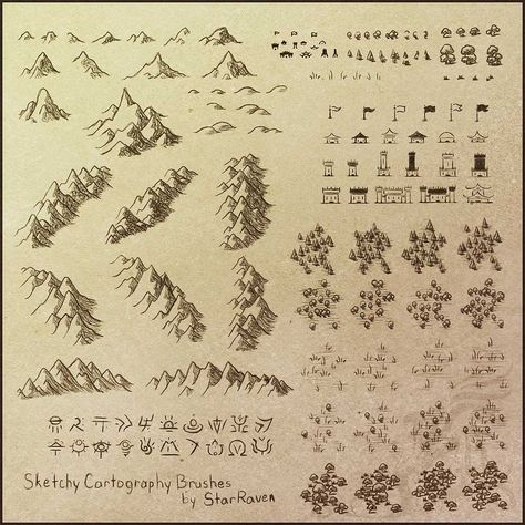 Sketchy Cartography Brushes by StarRaven Texture Photoshop, Cartography Map, Map Sketch, Fantasy Map Making, Creaturi Mitice, Mountains And Trees, Map Symbols, Seni Pastel, Photoshop Brushes Free