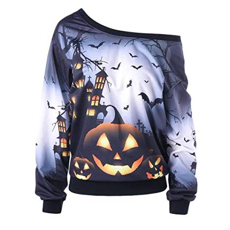 YEBIRAL Fashion Sexy Wlid Casual Women Sweatshirt Halloween Skew Neck Pumpkin Bat Printed Jumper Pullover Tops Gray Quotes Halloween, Halloween Outfit Ideas, Halloween Gift Ideas, Food Halloween, Treats Halloween, Games Halloween, Pumpkin Sweatshirts, Beautiful Halloween, Halloween Clothing