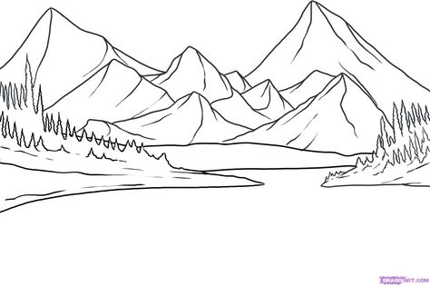 The first step to drawing a lake is drawing the guidelines for the ground and scenery. Description from amaljaz.com. I searched for this on bing.com/images Trail Drawing, Mountains Drawing, Mountain Sketch, Gambar Lanskap, Mountain Drawing, Mountain Illustration, Room Painting, Landscape Sketch, Lake Vacation