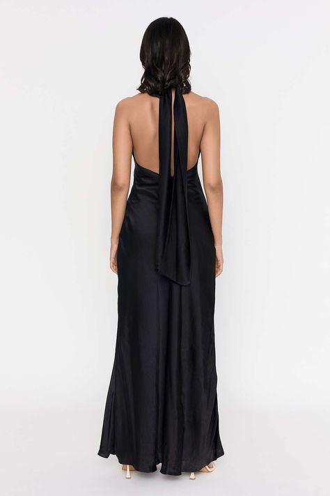 Buy Deme by Gabriella Black Satin Halter Neck Gown Online | Aza Fashions Black Satin Gown, Halter Dress Formal, Halter Neck Gown, Dress Outfits Party, Tie Up Dress, Backless Gown, High Neck Maxi Dress, Gown For Women, Satin Noir