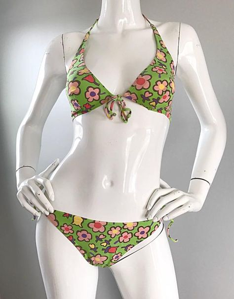 90s Bikinis Vintage, 2003 Clothes, Y2k Bathing Suit, 90s Bathing Suit, Rebecca Jackson, 90s Swimsuit, Vintage Bikinis, Purple Ties, Green Bathing Suit