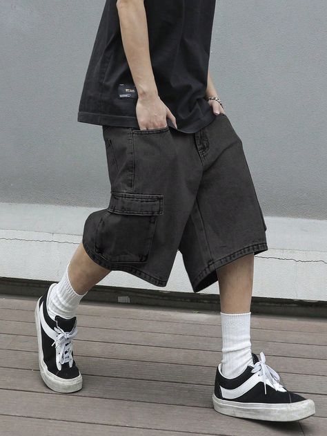 Men Casual Flap Pocket Side Baggy Denim Shorts Grey    Denim Plain Bermuda Non-Stretch  Men Clothing, size features are:Bust: ,Length: ,Sleeve Length: Short Jeans Style, Mens Denim Shorts Outfits, Jean Shorts Men Outfit, Baggy Shorts Outfit, Japanese Streetwear Mens, Grey Denim Shorts, Ninjago Movie, Denim Shorts Outfit, Mens Shorts Outfits