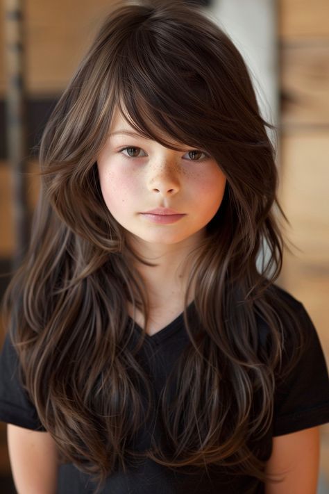 Girls Layered Haircut, Kids Bangs Hair, Locks With Bangs, Long Hair With Side Bangs, Girls Haircuts With Layers, Girls Haircuts Medium, Long Hairstyles With Layers, Hair With Side Bangs, Hairstyles With Layers