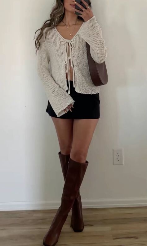 Brunette Fashion Outfits Fall, Polly Princess Outfits, Fall Outfits With Tall Brown Boots, Mini Skirt Bodysuit Outfit, Fall Outfits Off The Shoulder, Hot Fall Outfits Weather Casual, Black Below The Knee Boots Outfit, Edgy Chic Fall Outfits, Fancy Cold Outfits