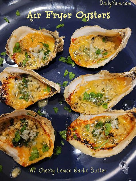 Air Fryer Oysters with Cheesy Lemon Garlic Butter - Daily Yum Airfry Oysters, Airfryer Oysters, Air Fried Oysters, Air Fry Oysters, Fried Oysters In Air Fryer, Oysters In Air Fryer, Air Fryer Oysters, Air Fryer Oyster Recipes, Oyster Casserole