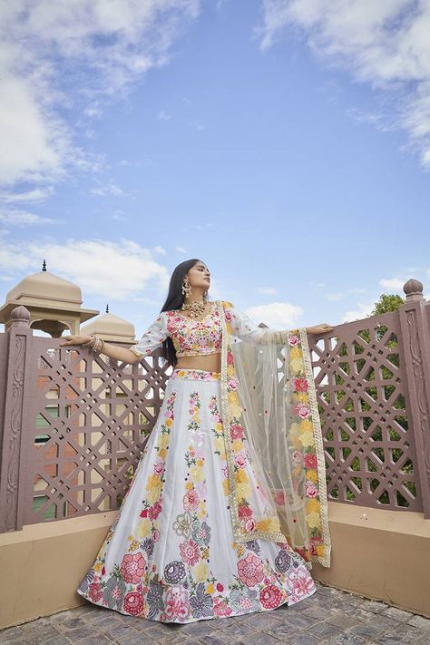 MULTICOLOR LEHENGA Multicolor Lehenga, Lehenga With Blouse, Ethnic Dresses, White Lehenga, Circular Art, White Ombre, Embroidered Art, Net Fabric, Ethnic Dress