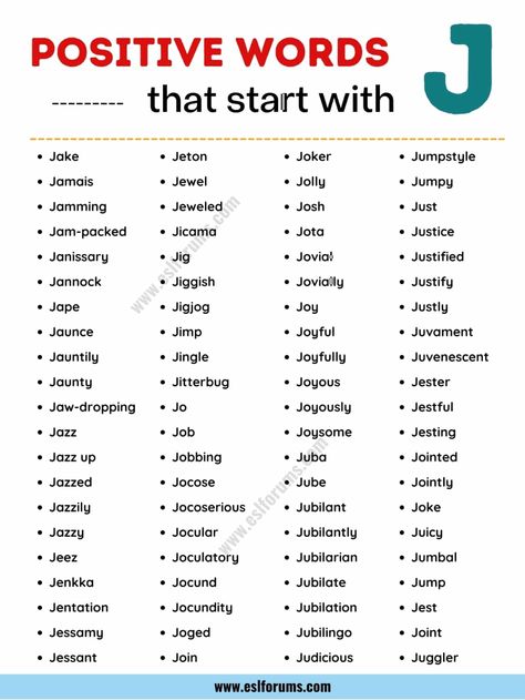 List of 80+ Positive Words that Start with J - ESL Forums Words Starting With J, J Words, Scrabble Words, English Learning Spoken, Essay Writing Skills, Interesting English Words, Good Vocabulary Words, Good Vocabulary, English Writing Skills