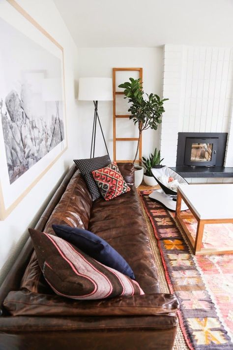 California House Tour | A Cup of Jo - The beautiful Davis, CA home of Ashley from Hither and Thither Living Room And Dining Room, Leather Couch, A Rug, California Homes, A Living Room, Living Room Inspiration, West Elm, Home Fashion, Living Dining Room