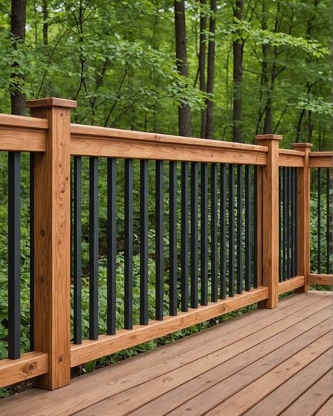 20 Awesome Deck Railing Ideas For Your Backyard Deck – ToolzView Wooden Deck Railing Ideas Privacy Screens, Rail For Deck, Hog Pen Deck Railing, Rails For Decks, Outdoor Patio Railing Ideas, Log Home Deck Ideas, Scandinavian Deck Ideas, Deck Spindle Ideas, Composite Deck With Wood Railing