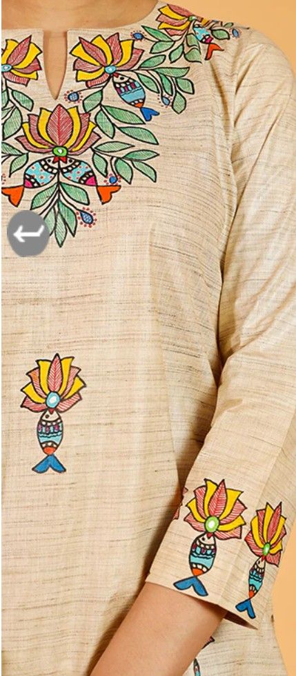 Fotua Design, Kurti Painting Design, Fabric Painting On Kurti, Onam Sarees, Shirt Painting Ideas, Painting Sarees, Punjabi Design, Trendy Kurtis, Painted Dupatta