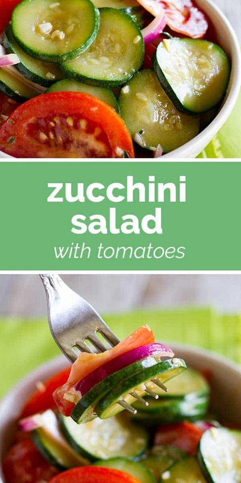 Fresh tomatoes and zucchini shine in this easy Zucchini Salad with Tomatoes. It makes a perfect summer side dish. #recipe #salad #zucchini #tomatoes #sidedish Zucchini Tomatoes And Onions, Tomato Zucchini Salad, Zucchini And Tomato Salad, Salad Zucchini, Zucchini Dishes, Tomato Basil Salad, Tomatoes And Zucchini, Tomato And Onion Salad, Salad With Tomatoes